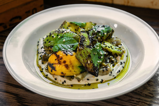 Charred heirloom zucchinis, tahini cream